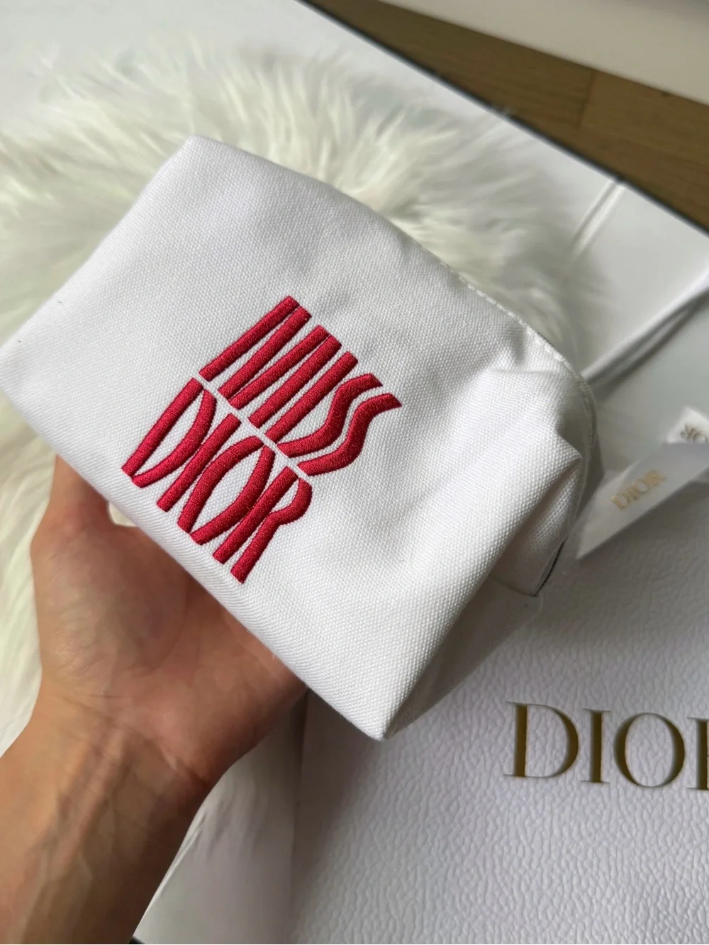 Miss Dior White Canvas Pouch with Pink 'Miss Dior' Embroidery New